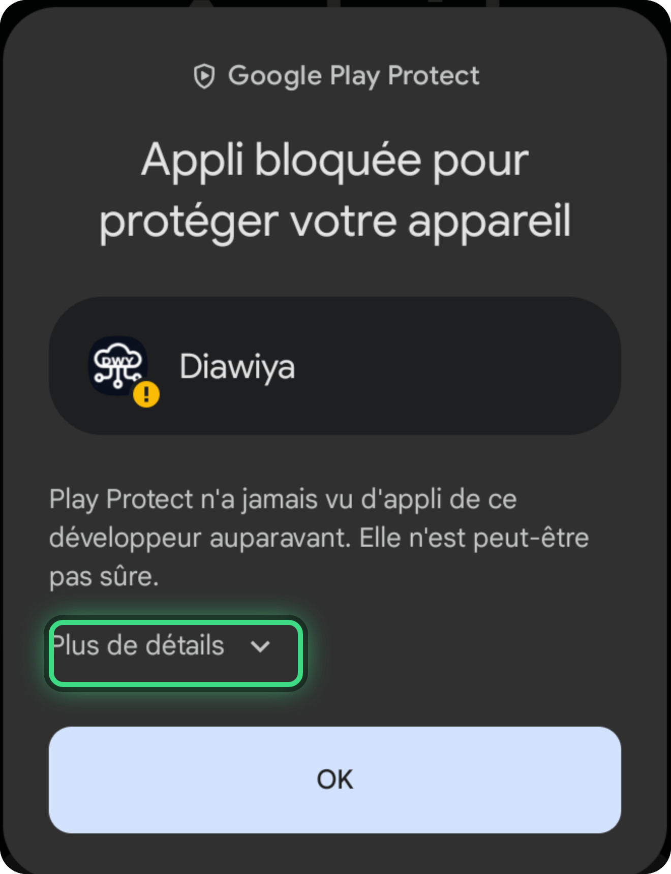 Écran Google Play Protect : toucher Plus de détails