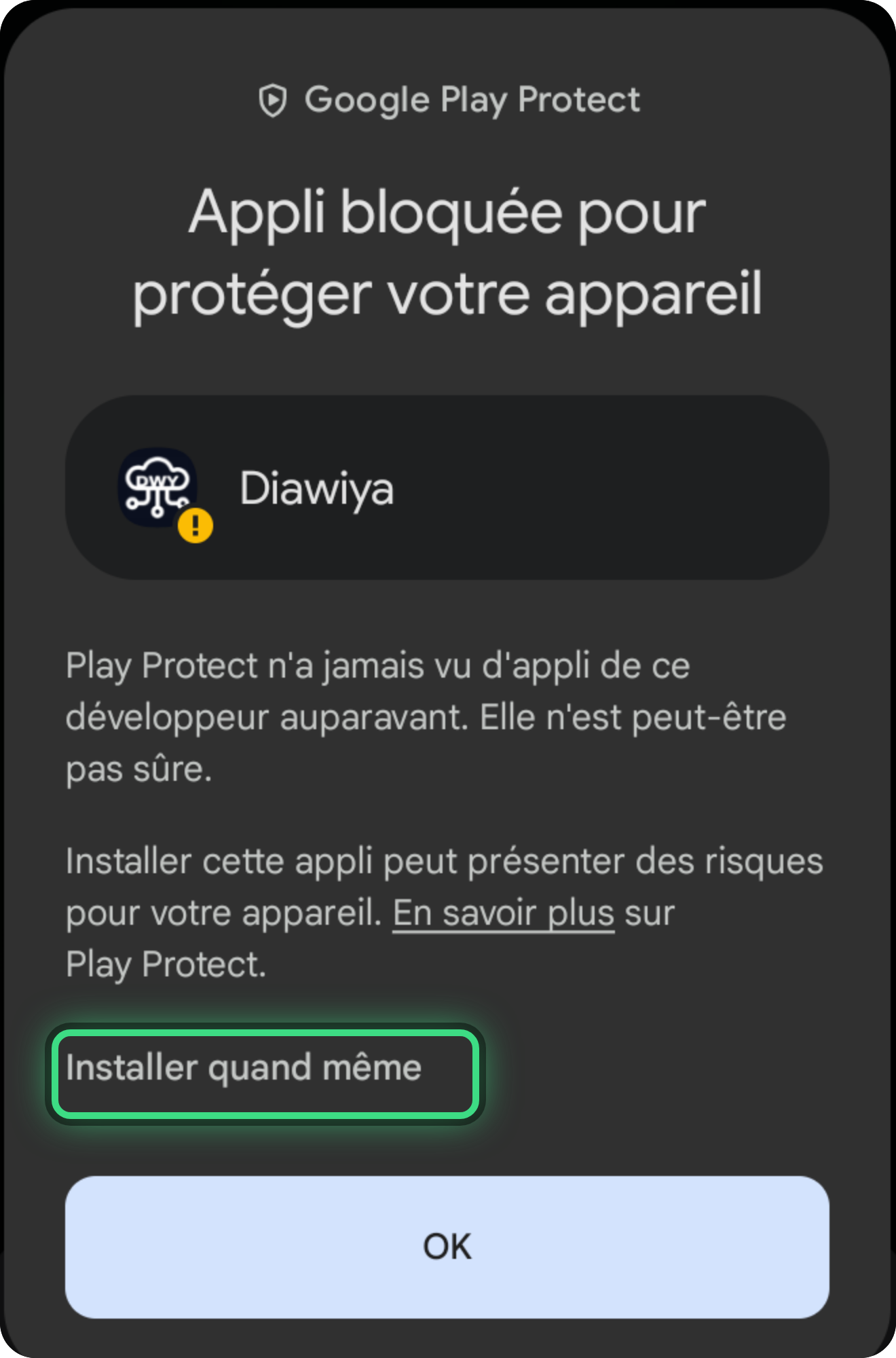 Toucher Installer quand même